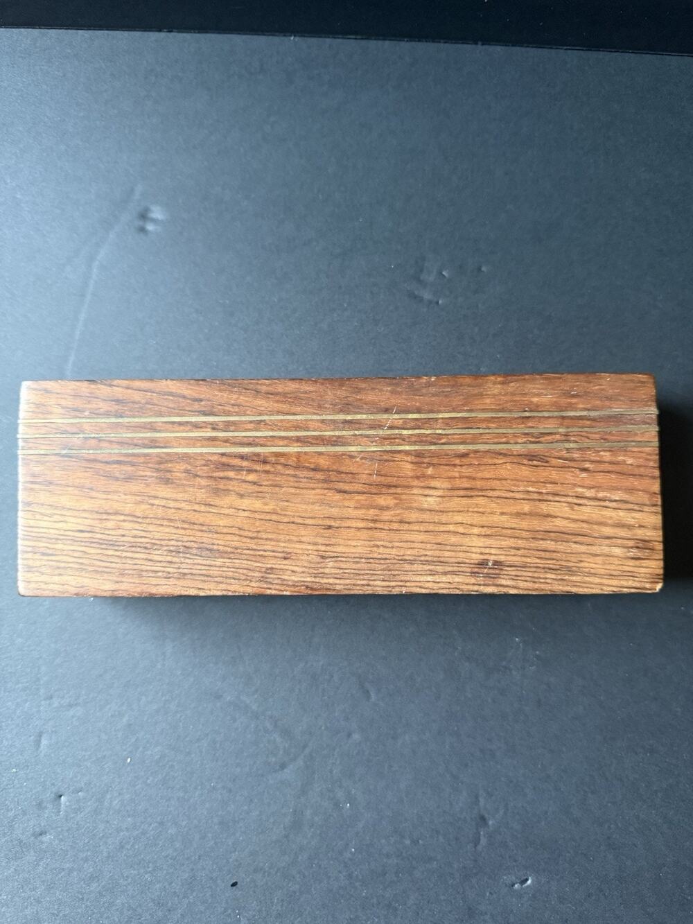 Vintage Wood Trinket Box Inlaid Brass Hinged Rectangle MCM Modernist Minimalist